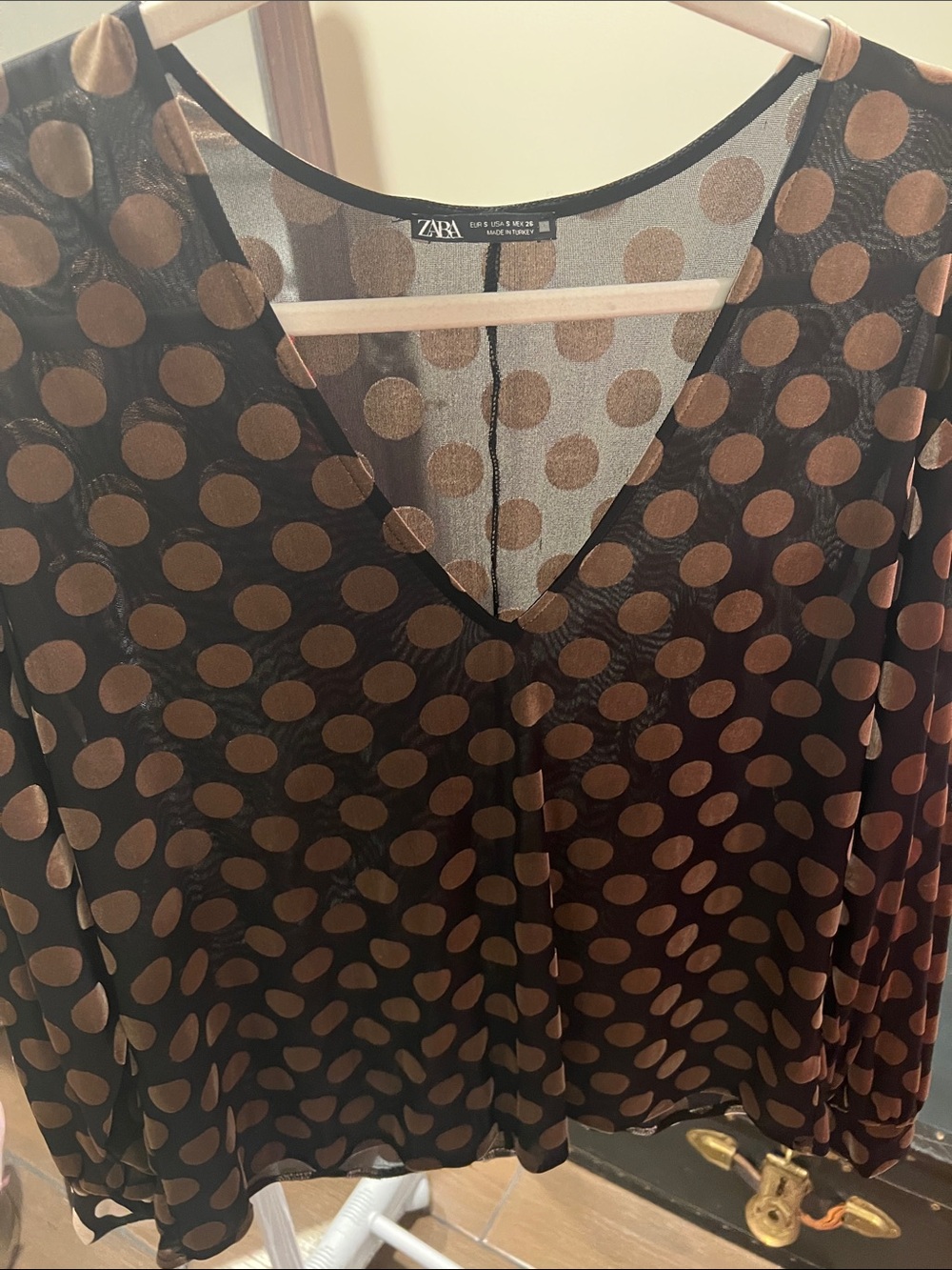 Zara Black Sheer V-Neck Blouse with Brown Polka Dots